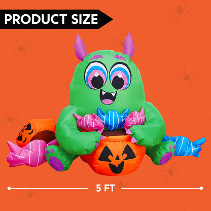 Joiedomi 5 Ft Long Cute Halloween Inflatables Monster with Candies Outdoor Decorations, Blow Up Monster with Build-in LEDs Halloween Inflatables for Indoor, Outdoor, Yard, Garden, Lawn Decorations