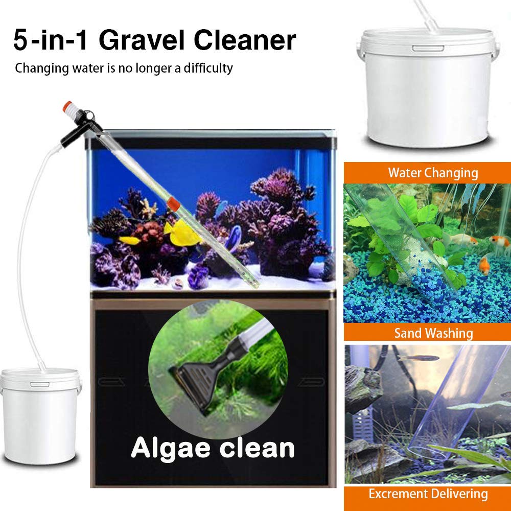 5 in1 Aquarium Gravel Cleaner Water Changer Glass Scraper Fish Tank Sand Wash Pump Kit with Air-Pressing Button and Adjustable Water Flow Controller Clamp for Fish Tank Gravel-Cleaning