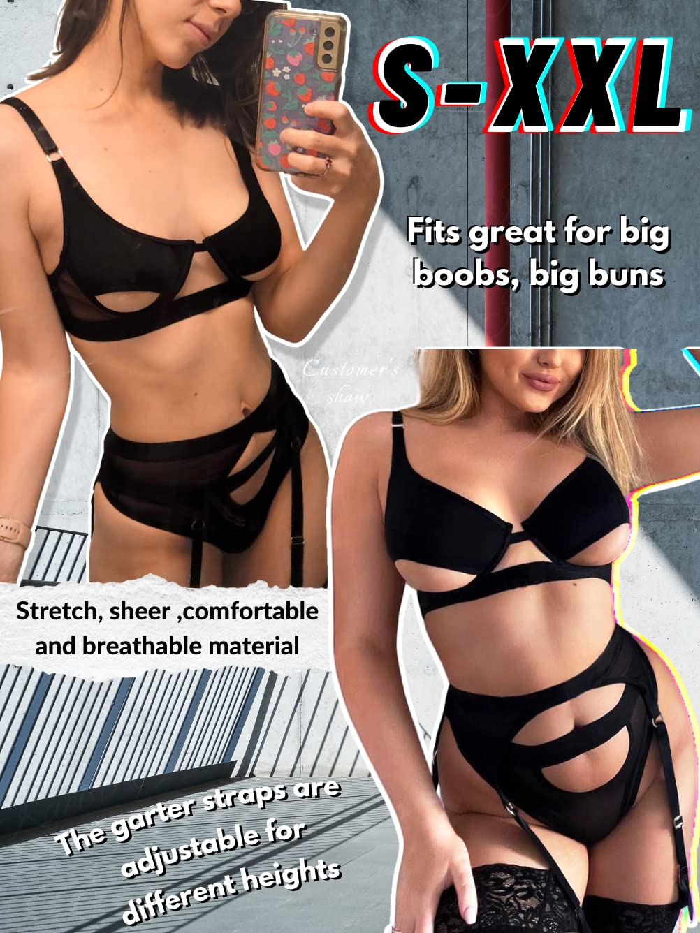 Kaei&Shi Garter Lingerie for Women,Underwire Peekaboo Cutout Strappy Sexy Lingerie,Thong Matching Thigh Straps 4 Piece Lingerie Set Boudoir Black Medium