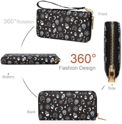 Fanwill Skull Halloween Wallet Gothic Purse For Women Wristlet Zip Around Goth Wallets Card Holder (Skull)