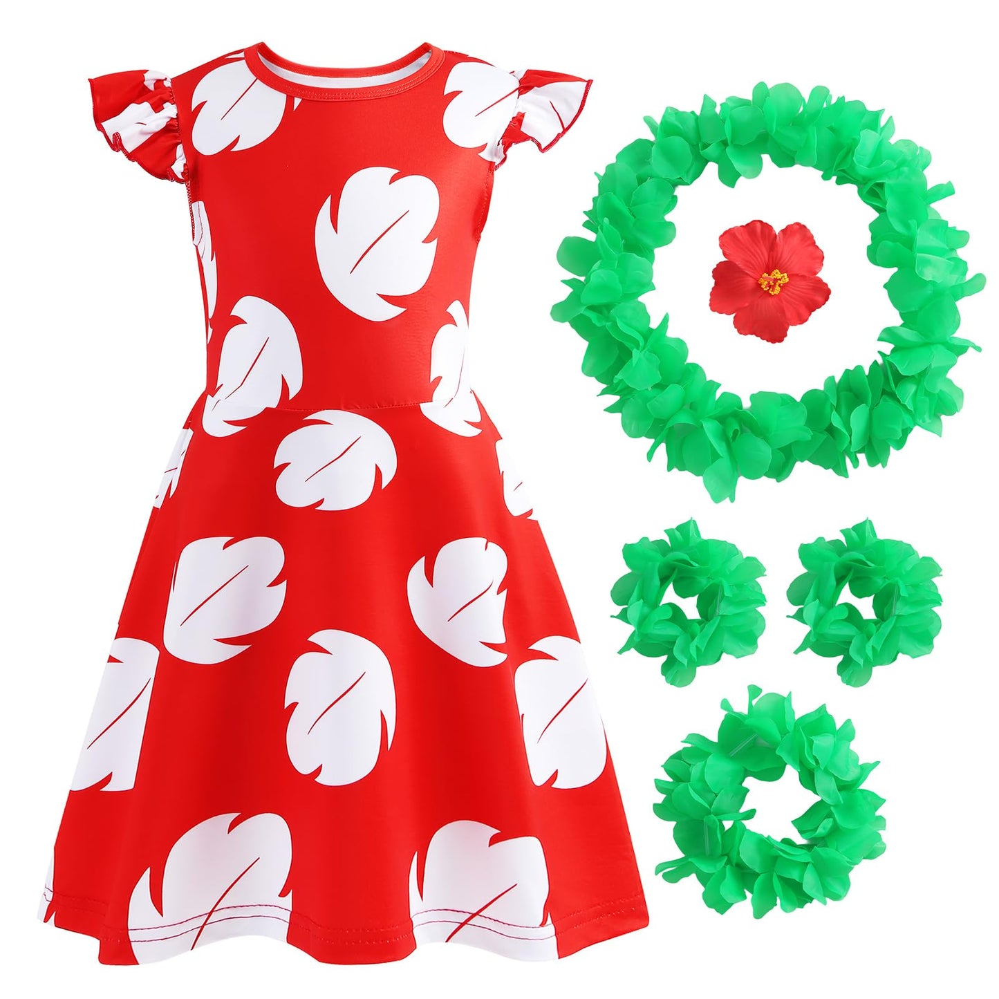 Hawaiian Little Girls Costume Dress with 4 Pcs Luau Flower Leis Accessories Set Red Flower Hair Clips Toddler Halloween Party Cosplay Outfit for 7-8 Years