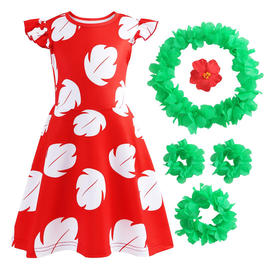 Hawaiian Little Girls Costume Dress with 4 Pcs Luau Flower Leis Accessories Set Red Flower Hair Clips Toddler Halloween Party Cosplay Outfit for 7-8 Years