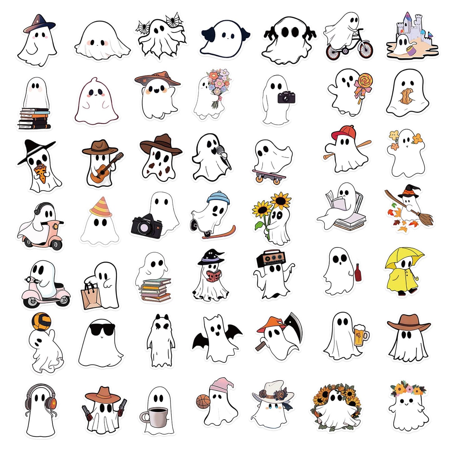 50pcs Cute Cartoon Ghost Stickers for Kids Teens,Halloween Decorative Sticker Vinyl Waterproof Stickers for Skateboard Laptop Luggage Fridge DIY Decal (Ghost)