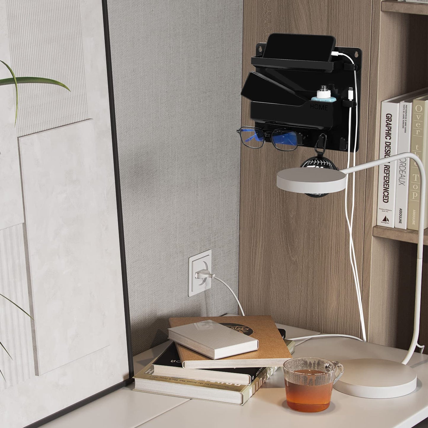 JUMEIHUI Wall Mount Shelf Organizer, Adhesive Bedside Shelf Accessories with Hooks and Cable Clips, Dorm Room Wall Storage for Phone, Remote, Earphone, Kindle, Plastic(Black)