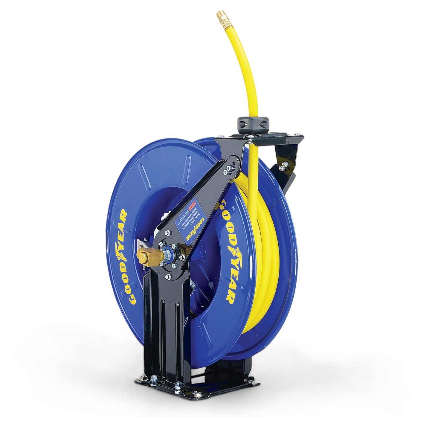 GOODYEAR Air Hose Reel Retractable 3/8" Inch x 50' Feet Long Premium Commercial SBR Hose Max 300 Psi Reinforced Steel Construction Heavy Duty Spring Driven Industrial Dual Arm & Pedestal