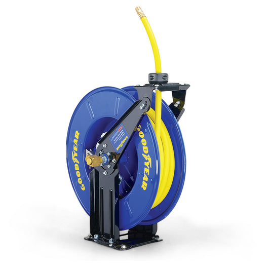 GOODYEAR Air Hose Reel Retractable 3/8" Inch x 50' Feet Long Premium Commercial SBR Hose Max 300 Psi Reinforced Steel Construction Heavy Duty Spring Driven Industrial Dual Arm & Pedestal