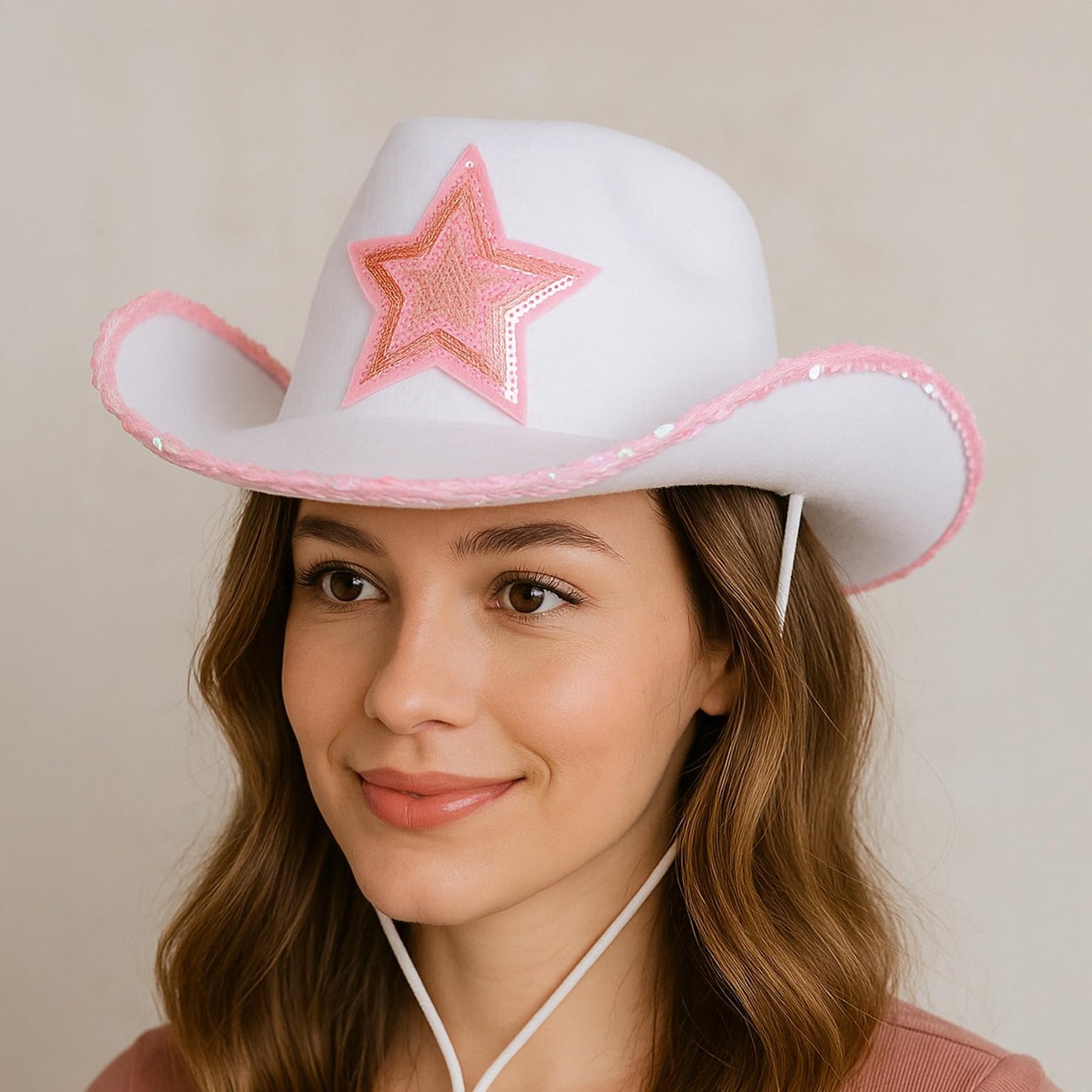 GiftExpress White Felt Cowgirl Hat with Pink Sequin Star, Country Themed Party Cowboy Dressup Play Costume Hat For Teens & Adults