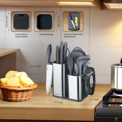 RAXCO Kitchen Utensils Set,18-Piece Cooking Tools and Sharp Knives,Stainless Steel Holder and Cutting Board