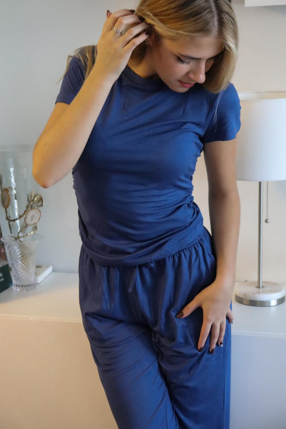 Ekouaer Women's 2 Piece Lounge Sets Ruched Short Sleeve Top and Wide Leg Pants Loungewear Tracksuit Sets with Pockets