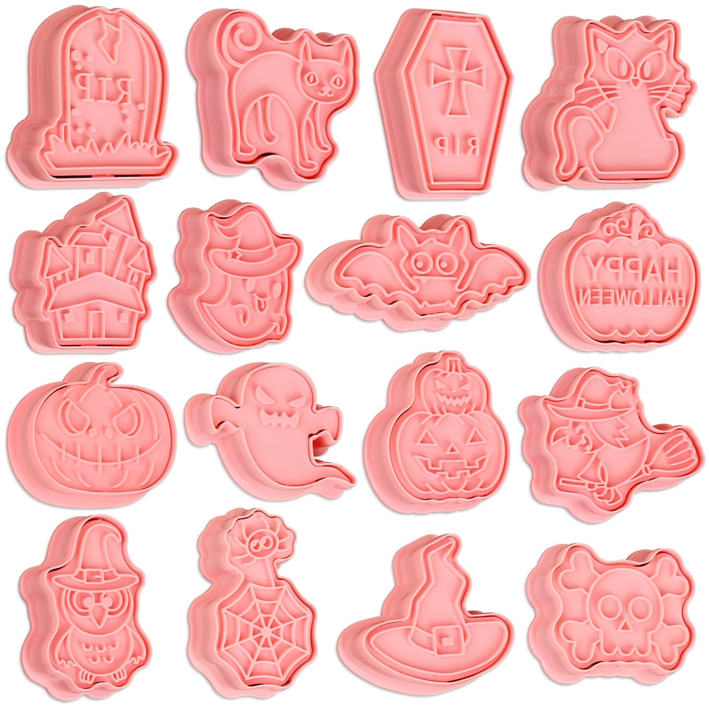 16 Pcs Halloween Cookie Cutters, 3D Cookie Cutter with Plunger Stamp, Halloween Cookie Molds -Ghost, Bat, Pumpkin, Cat, Castle,Tombstone, Witch, Spider, Skull, Etc.