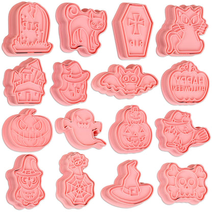 16 Pcs Halloween Cookie Cutters, 3D Cookie Cutter with Plunger Stamp, Halloween Cookie Molds -Ghost, Bat, Pumpkin, Cat, Castle,Tombstone, Witch, Spider, Skull, Etc.