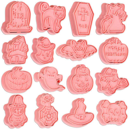 16 Pcs Halloween Cookie Cutters, 3D Cookie Cutter with Plunger Stamp, Halloween Cookie Molds -Ghost, Bat, Pumpkin, Cat, Castle,Tombstone, Witch, Spider, Skull, Etc.