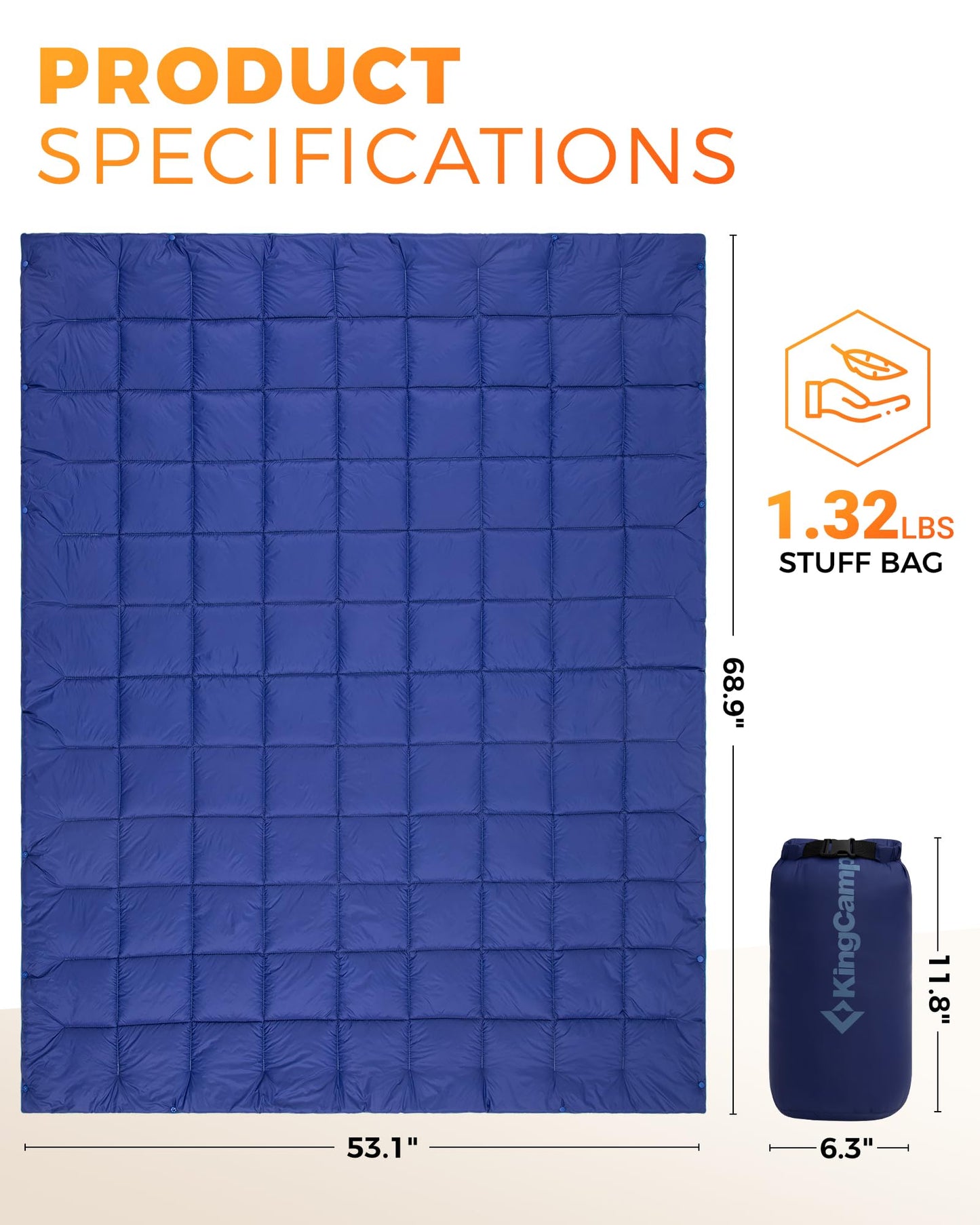 KingCamp Ultralight Camping Blanket, Packable Down Alternative Puffy Wearable Blankets Weatherproof Warm Package Quilt with Snap Buttons for Outdoor Hiking Travel Picnic Stadium (69" L x 53" W, Navy)