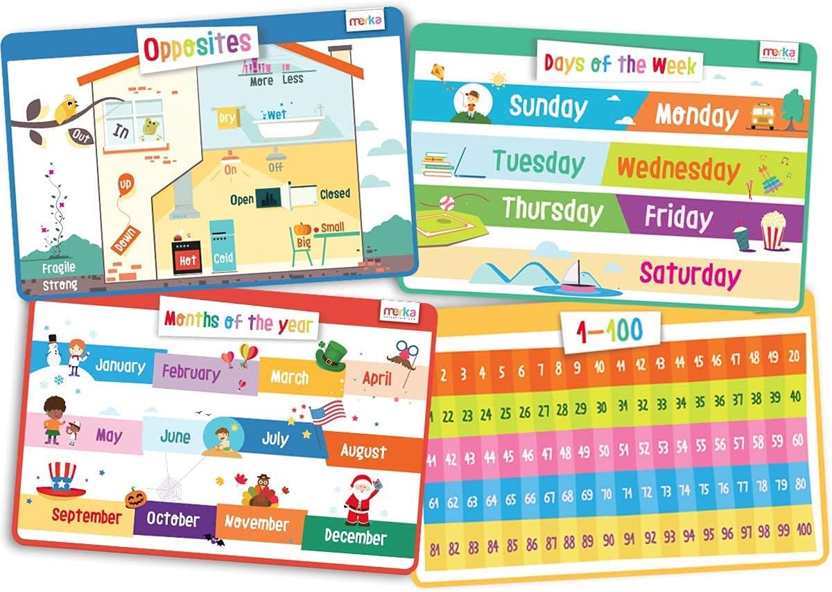 Educational Kids Placemats Set of 4: Opposites Days of the Week Months of the Year Learn to Count 1-100 - Bundle - Non Slip Washable