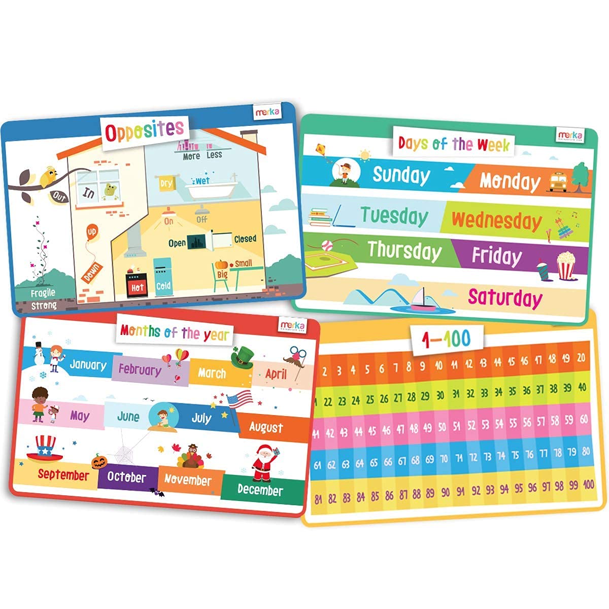 Educational Kids Placemats Set of 4: Opposites Days of the Week Months of the Year Learn to Count 1-100 - Bundle - Non Slip Washable