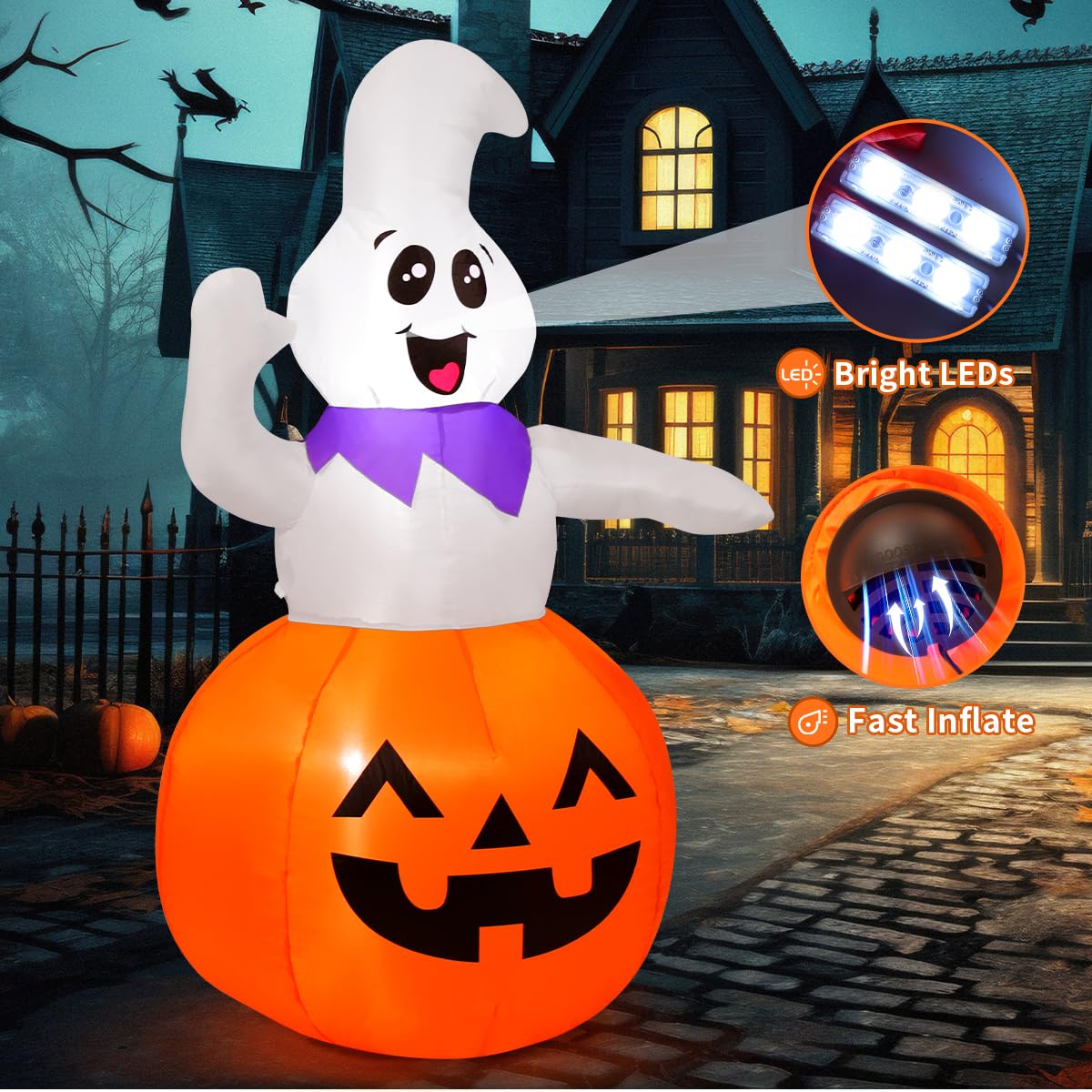 GOOSH 5 FT Halloween Inflatable Cute Pumpkin Ghost Outdoor Decorations Blow Up Yard Ghost in Pumpkin with Built-in LEDs for Indoor Party Garden Lawn Decor