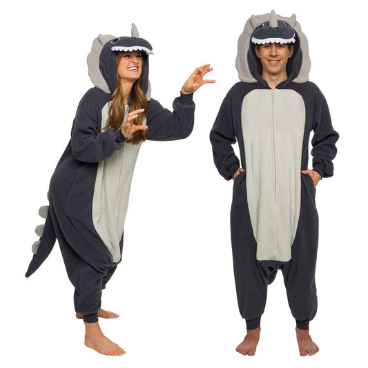 Funziez! Adult Onesie Halloween Costume - Animal Dinosaur Shark - Unisex Plush One Piece Cosplay Suit, Men and Women (Large, Triceratops Grey)