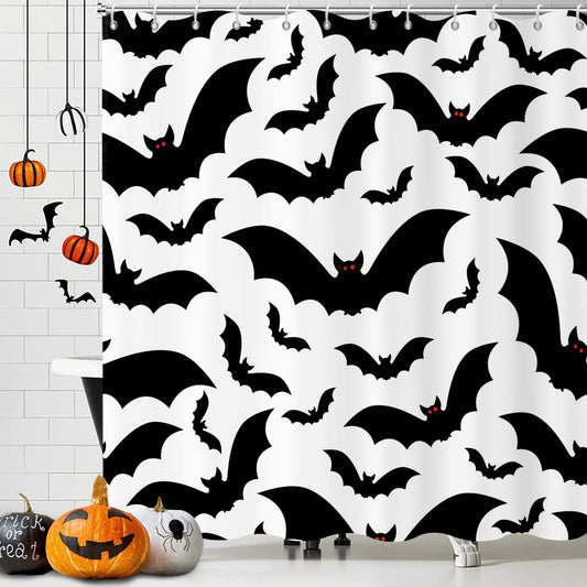 GCIREC Halloween Shower Curtain, Halloween Theme Black and White Bat Bathroom Curtain Halloween Party Decor Waterproof Fabric Machine Washable with 12 Hooks