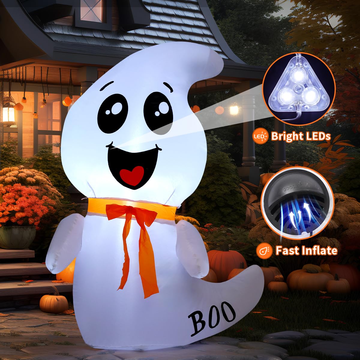 GOOSH 4 FT Halloween Inflatable Cute Ghost Outdoor Decorations Blow Up Yard Ghost with Built-in LEDs for Indoor Garden Lawn Party Decor