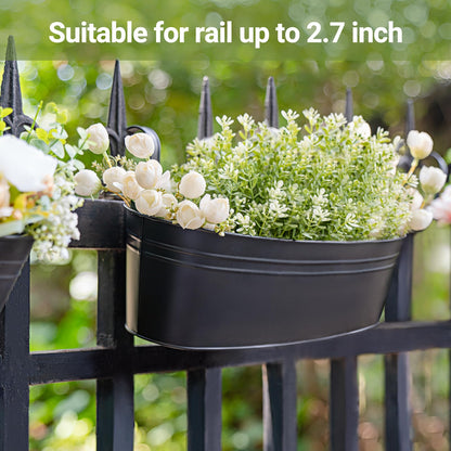 Dahey 3 Pcs Metal Hanging Flower Pots for Railing Fence Outdoor Planter 15.7 Inch Hanging Bucket Pots Countryside Window Flower Plant Holder with Detachable Hooks for Garden Yard Home Decor,Black