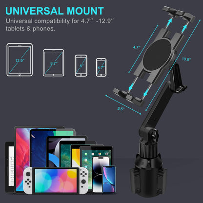Cup Holder Car Tablet Mount for Truck, 360° Adjustable 15" Long 2-Arm Stand Holder for iPad Pro 12.9/11/10.5/9.7/Air/Mini 6/5/4, Samsung Galaxy Tab/Z Fold 6/5/4, iPhone 16/15/Pro, 4.7-12.9" Tab &Phone