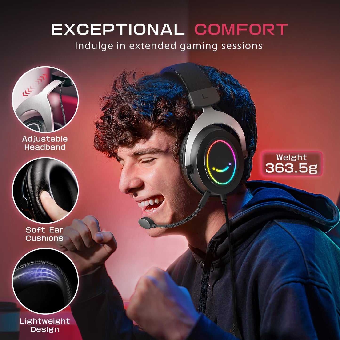 FIFINE RGB Gaming Headsets,Comfortable Over-Ear Headphones with Microphone,Wired Audio Jack Connection,Leather Passive-Noise-Cancelling Earcups,for PC PS4 PS5 Xbox Gamer Ampligame H3