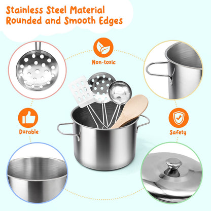 Kids Pretend Play Kitchen Accessories Set, 38Pcs Stainless Steel Play Pots Pans Sets for Kids, Toy Cookware Cooking Utensils Play Food Dish Toddler Kitchen Playset Gifts for Boys Girls
