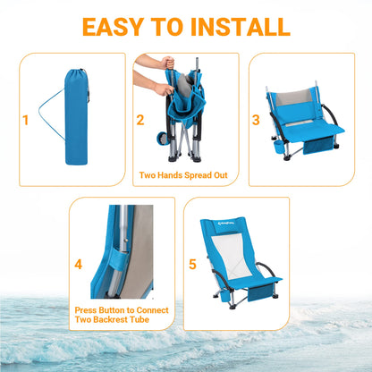 KingCamp High Back Beach Chairs for Adults, Folding Beach Chair with Cup Holder Carry Bag and Mesh Back, Blue Camping Chair for Travel Lawn Outdoor Festival