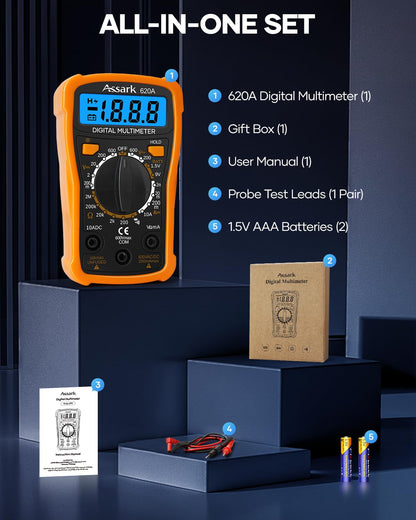Digital Multimeter Voltage Tester, Assark 2000 Counts Multimeter Measure AC DC Voltage DC Current, Meter Tester Test Volt Ohm Amp Diode Continuity, Resistance, Backlit LCD Display, Data Hold Function