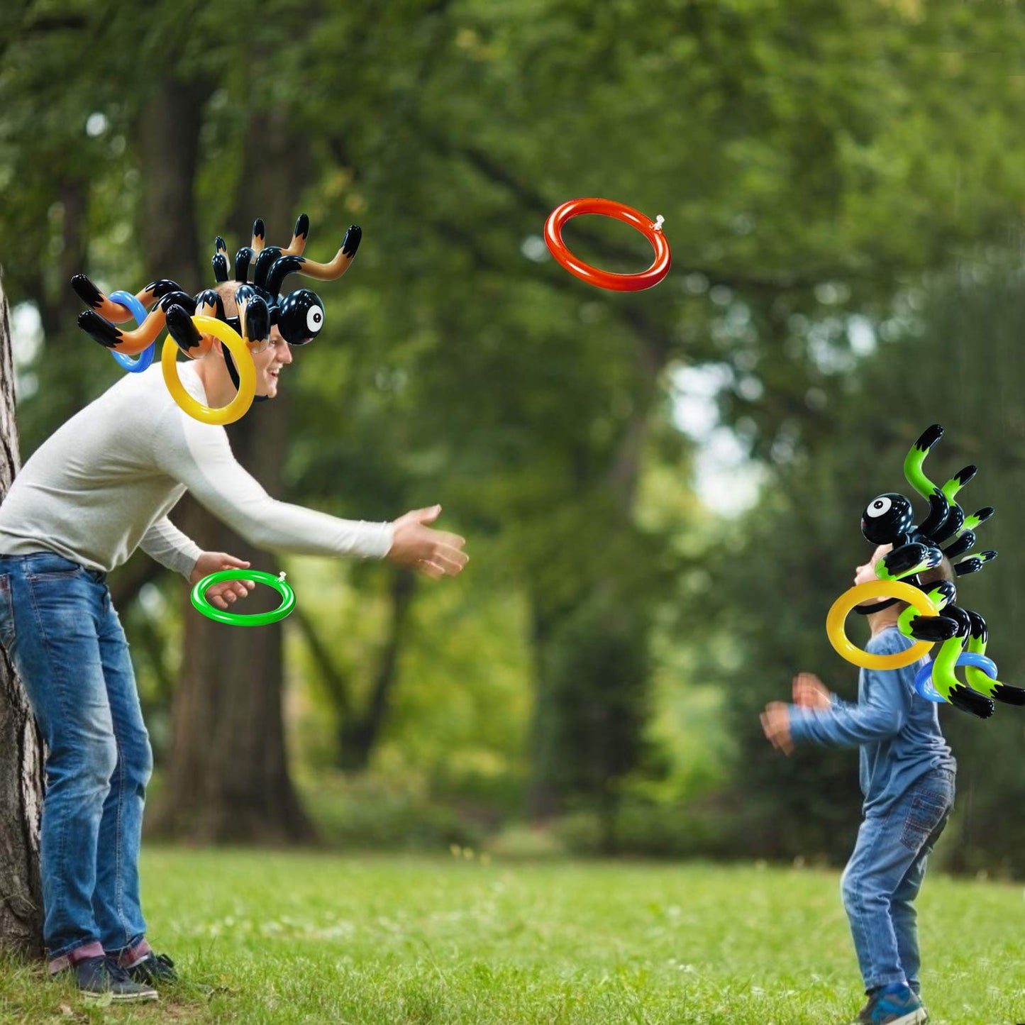 10 PCS Giant Halloween Ring Toss Games Inflatable Spider for Kids Adult Indoor Outdoor Carnival Family Party Games Spider Toys Halloween School Party Favors (2 Giant Spiders, 8 Rings)