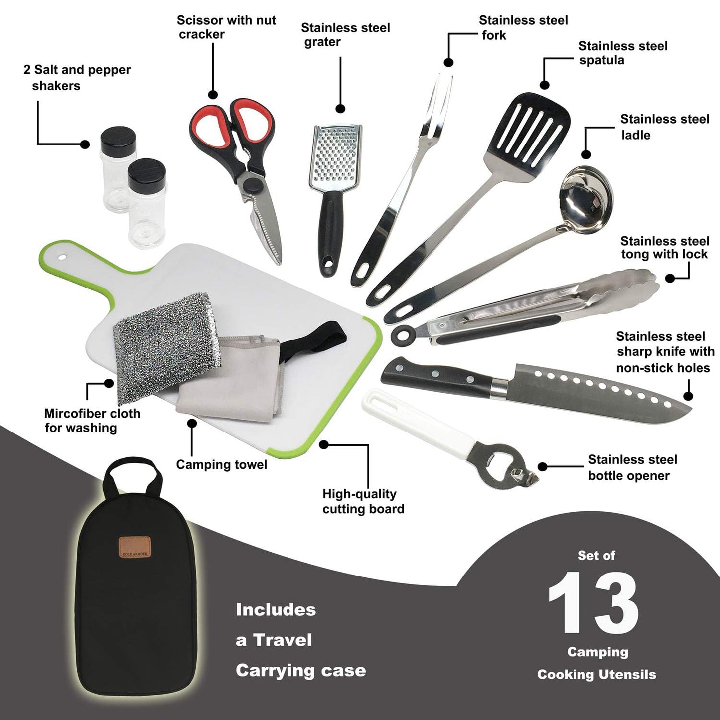 Camp Kitchen Utensil Organizer Travel Set Portable BBQ Camping Cookware Stainless Steel Utensils Travel Kit Outdoor Equipment Cutting Board Tongs Scissors Knife Ladle Spatula