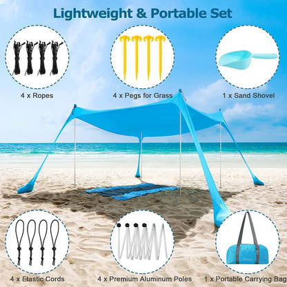 COMMOUDS Beach Tent Sun Shelter - UPF50+ Pop Up Beach Canopy with Sandbags & Sand Shovel & Windproof Poles, Portable Sun Shade for Beach, Camping, Picnics, Backyard (7x7FT)