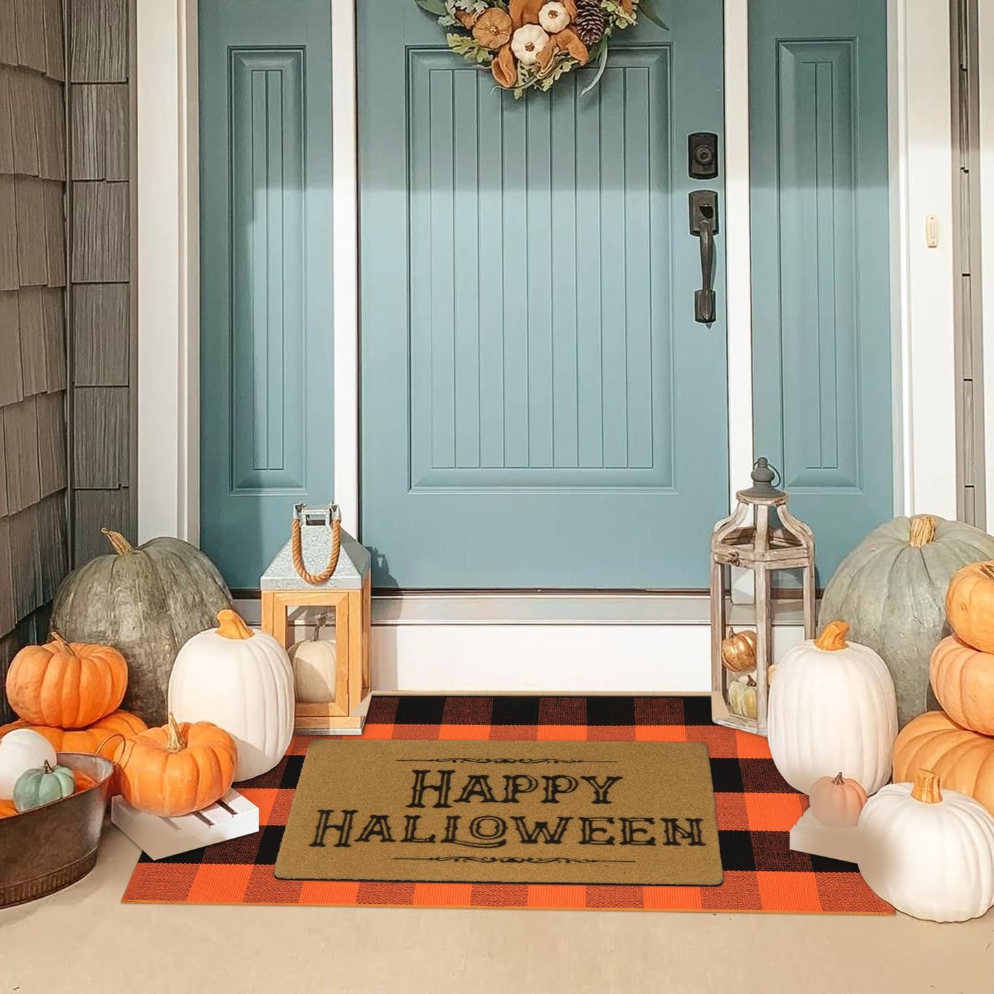 KIMODE Fall Outdoor Rug Buffalo Plaid Orange and Black 24"x51",Washable Cotton Fall Halloween Door Mat,Reversible Checkered Layering Rugs for Entryway,Halloween Front Porch Decor