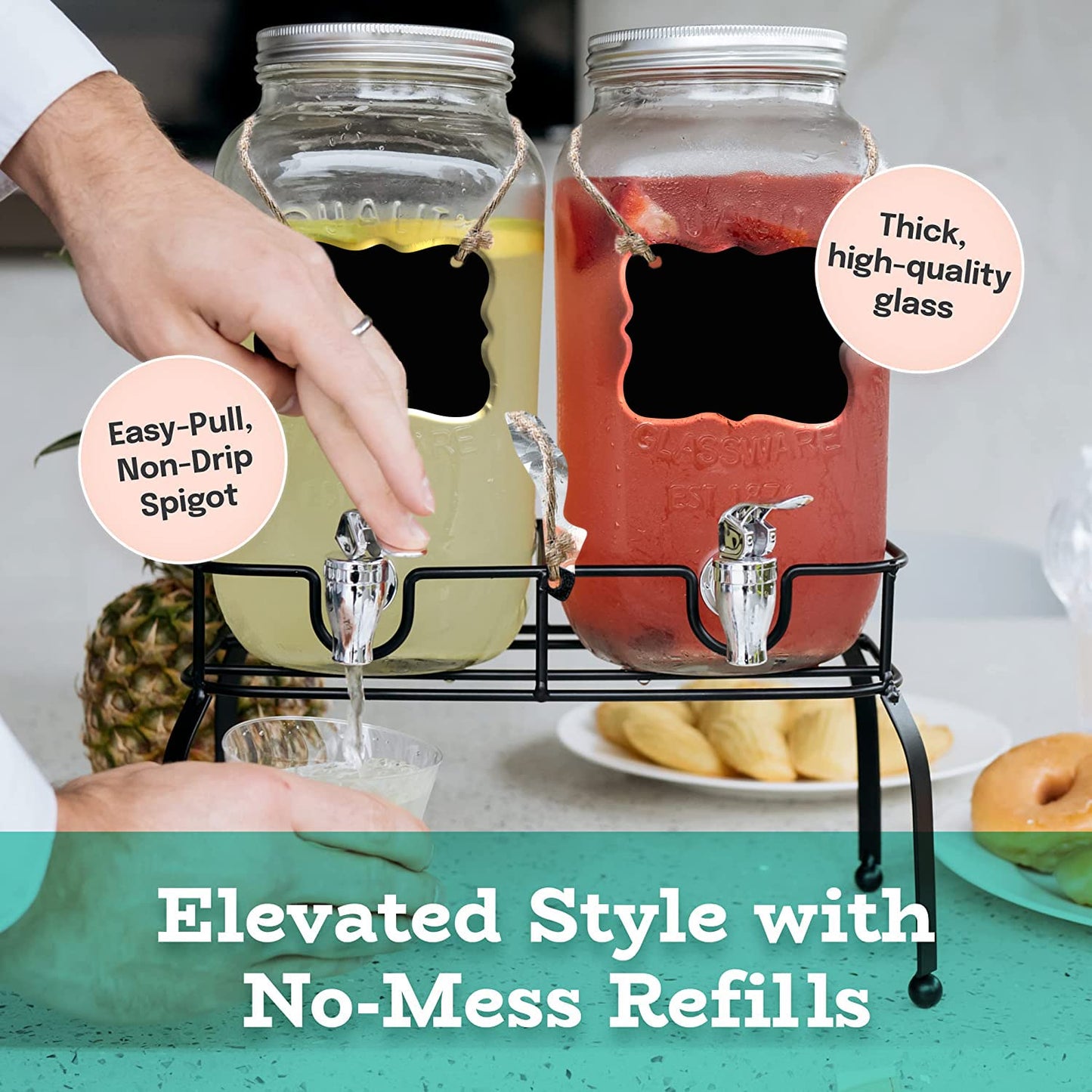 Estilo Glass Drink Dispenser for Parties - Set of 2-1 Gallon Halloween Drink Dispenser with Stand, Glass Water Dispenser Countertop for Weddings, Sun Tea Jar, Lemonade & Laundry Detergent Dispenser