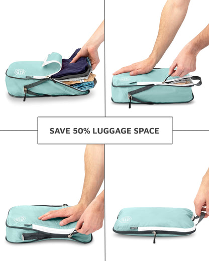 Compression Packing Cubes 6 Piece Set for Travel - Lightweight, Durable Clothes Organizer for Carry-On Luggage and Backpacks by TRIPPED Travel Gear (Dusty Teal and White)