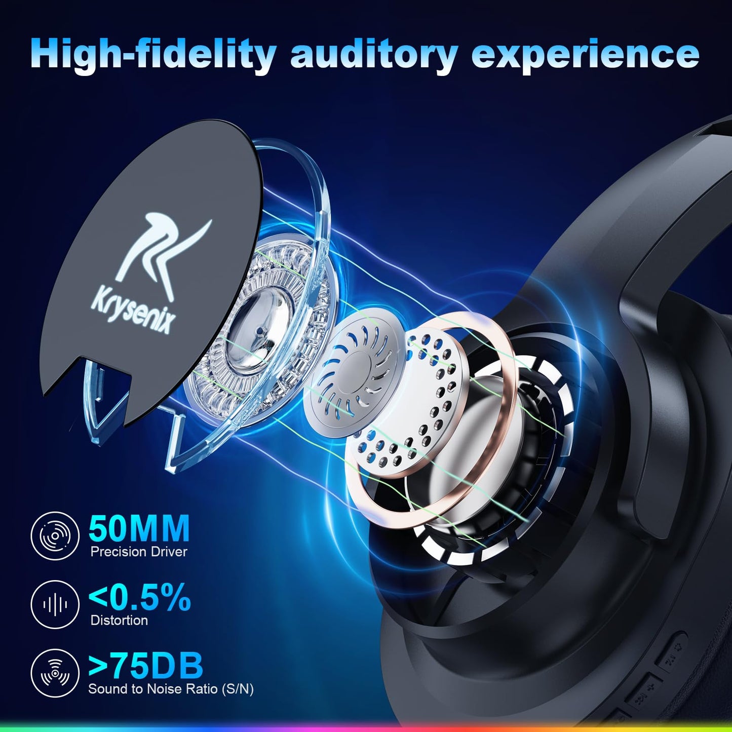 Krysenix PG3 Wireless Gaming Headset for PS4, PS5, PC - 2.4GHz 7.1 Surround Sound, Bluetooth Gaming Headphone with AI Detachable Noise Canceling Mic, 48-Hr Battery for Laptop, Switch, Mac (Black)