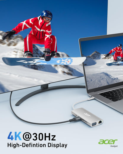 Acer USB C Hub with 4k@30Hz HDMI, 9-in-1 USB C to Ethernet Adapter, 5Gbps USB-A 3.1 Docking Station, PD 100W Charging, SD Card Reader, USB to VGA Splitter for MacBook, Acer, Laptops, Surface (Silver)