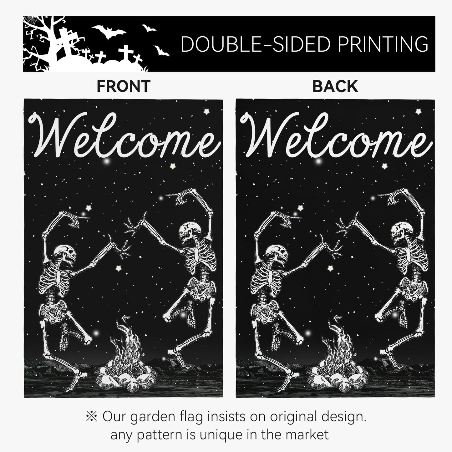 Cryfox Halloween Skull Welcome Garden Flags 12 x 18 Inch Dancing Human Skeletons Garden Flag for Outside Black Yard Flags Double Sided for Lawn Outdoor Decorations