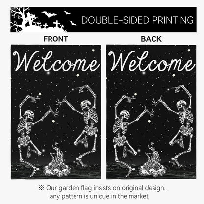 Cryfox Halloween Skull Welcome Garden Flags 12 x 18 Inch Dancing Human Skeletons Garden Flag for Outside Black Yard Flags Double Sided for Lawn Outdoor Decorations