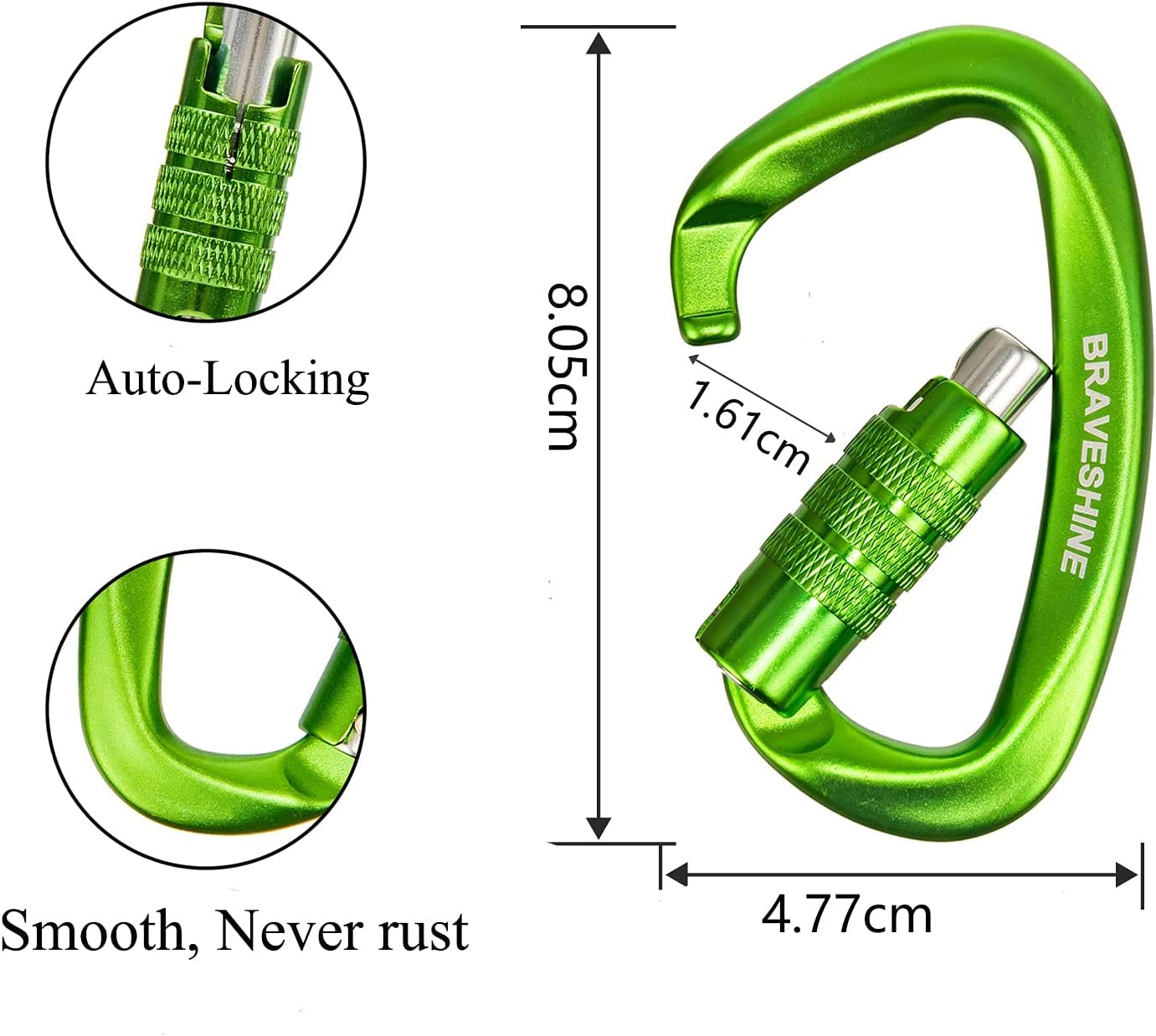 Heavy-Weight Carabiner Clips 12KN Aluminum D Ring Double Locking Caribeaner Hooks - Green