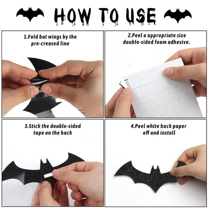 FOIMAS 144pcs Halloween Bat Wall Decor,3D Black Glitter Bats Wall Stickers Decal for Halloween Home Decoration Party Supply