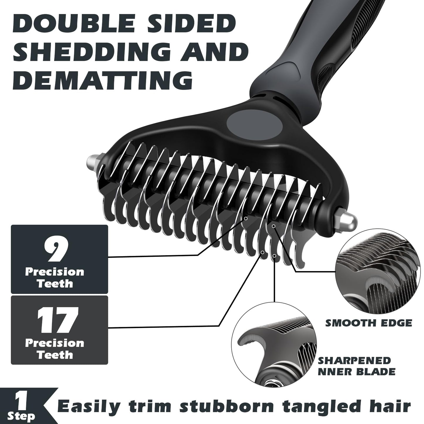 3PCS Self Cleaning Slicker Brush & Pet Grooming Rake & Bath Brush for Dogs and Cats | Double-Sided Dematting Pet Comb & Skin Friendly Deshedding Grooming Tool | Premium Pet Supplies（Gray Black)