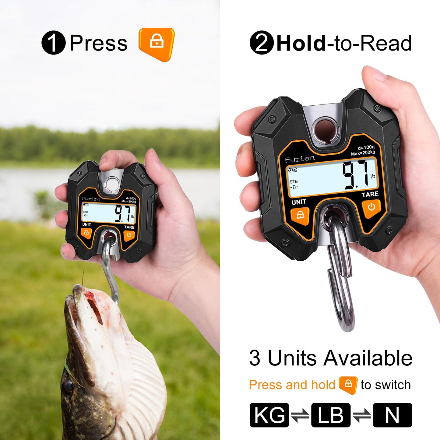 Fuzion Mini Crane Scale - Hanging Scale 440lb/200kg/1960N, Deer Scale with Large LCD Display, Hold & Tare Functions for Hunting, Farms, Fishing, No Setup Required