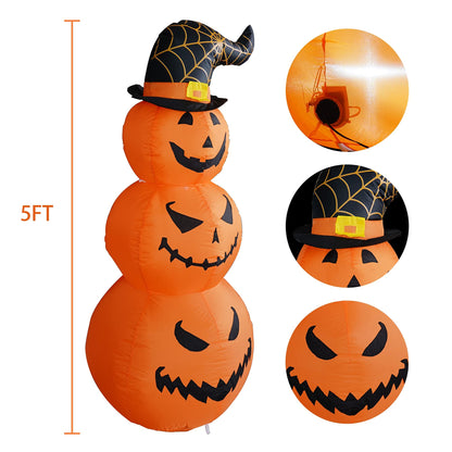 Hourleey 5 FT Halloween Inflatables Outdoor Stacked Pumpkins with Witches Hat, Halloween Blow Up Yard Decorations with Built-in LED Lights for Indoor Outdoor Party Garden Lawn Holiday Decor