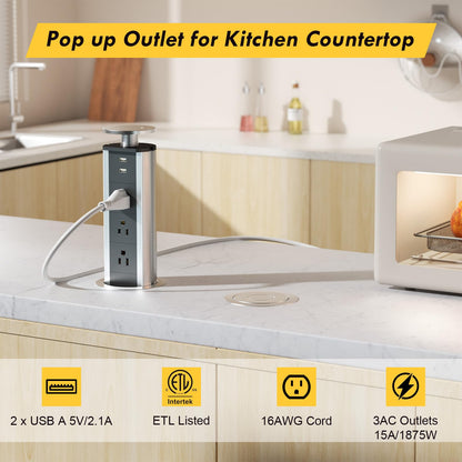 Kungfuking Pop Up Outlet Socket Recessed Retractable Power Strip Charging Station with 3 US Plug and 2 USB Ports for Kitchen Counter Island Conference Office, Black