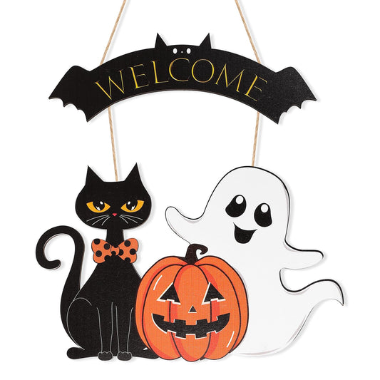 Halloween Decoration Wooden Ghost Door Halloween Wreath for Front Door Sign Wall Signs Decor, Pumpkin Black Cat Wreaths Sign Hanging for Home Wall Decor Outdoor Indoor Farmhouse Party Supply