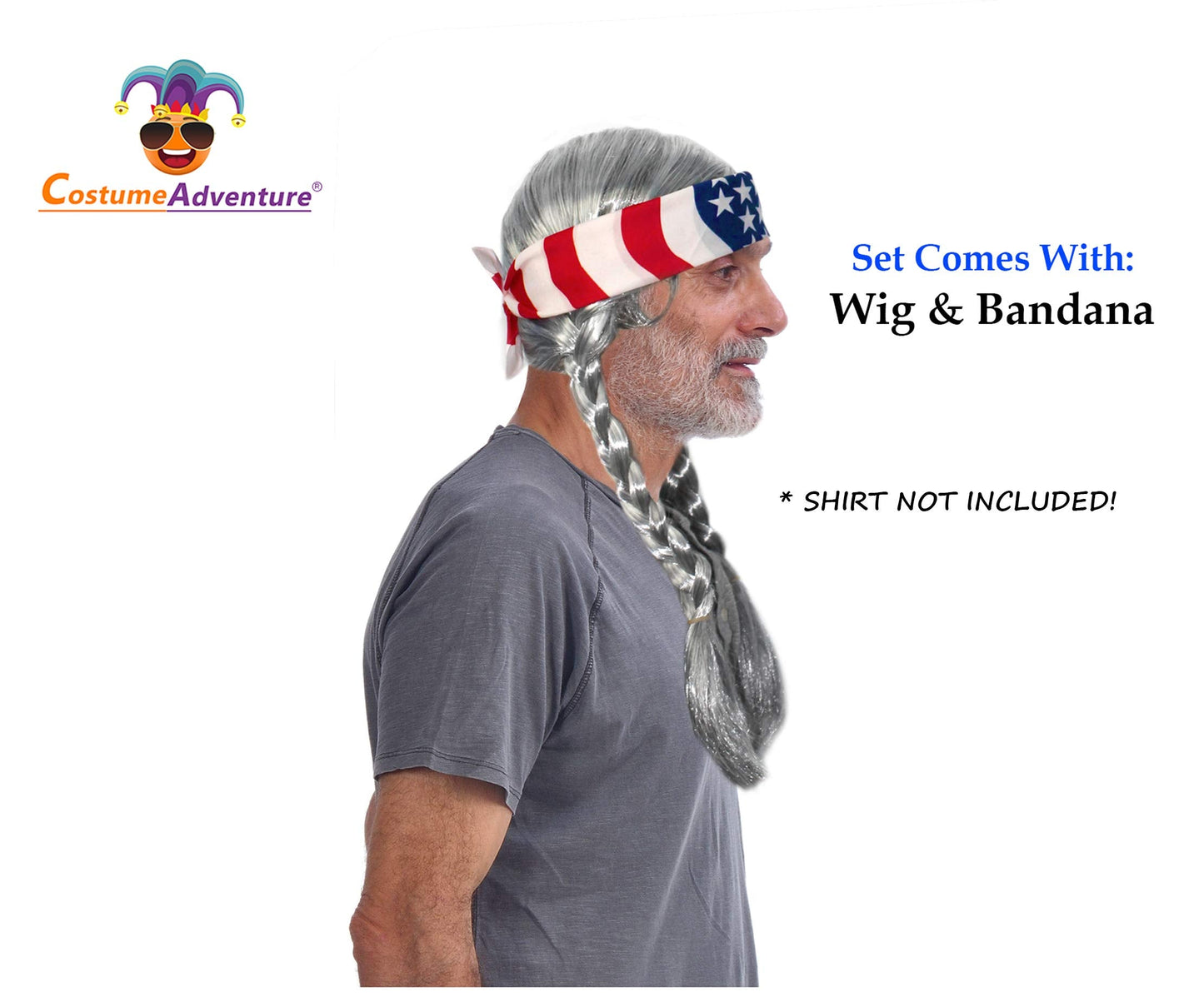 Costume Adventure Gray Braided Hippie Wig for Men Grey 60s Hippie Dude Wig With Hippy American Flag Headband - One Size