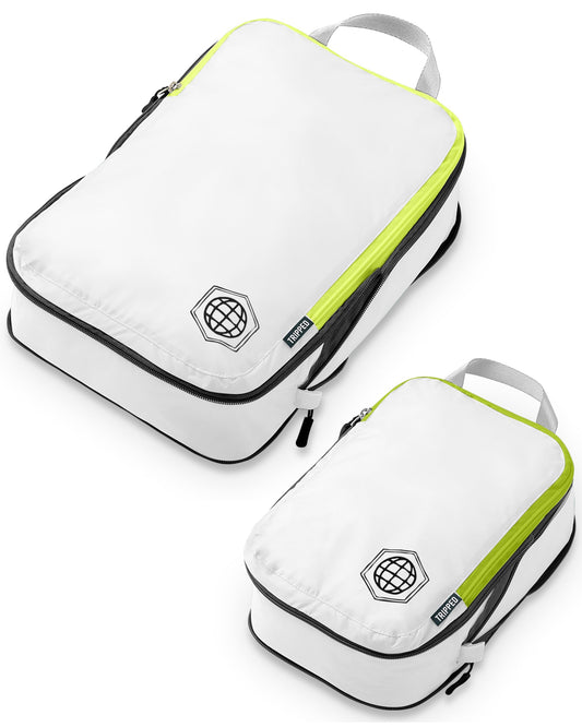Compression Packing Cubes 2 Piece Set for Travel - Lightweight, Durable Clothes Organizer for Carry-On Luggage and Backpacks by TRIPPED Travel Gear (White and Green)