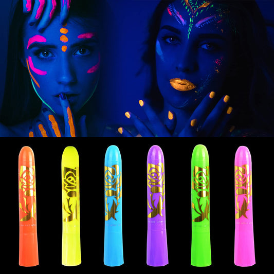 6 Pcs Glow in The Light Body Face Paint, Face Painting Kit, UV Crayon Kit Fluorescent Body Paints for Adults for Birthday Party Halloween Masquerade Makeup Outdoor for Kids
