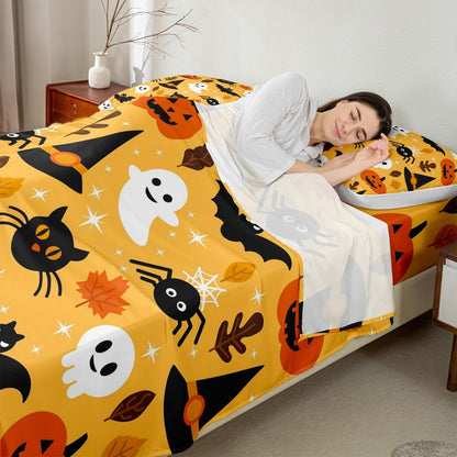 Erosebridal Halloween Bed Sheet Set Full Cartoon Pumpkin Fitted Sheet Lantern Bedding Set Ghost Quilt Set for Kids Boys Girls 4 Pcs Bed Cover (1 Fitted Sheet,1 Flat Sheet,2 Pillowcases) Orange